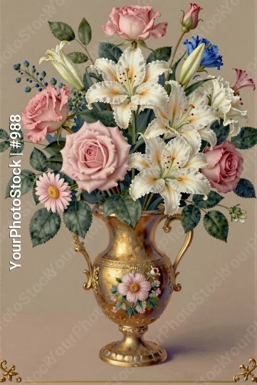 Ornate Gold Vase with Mixed Flowers bouquet roses