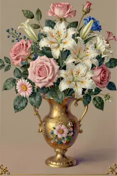 Ornate Gold Vase with Mixed Flowers bouquet roses