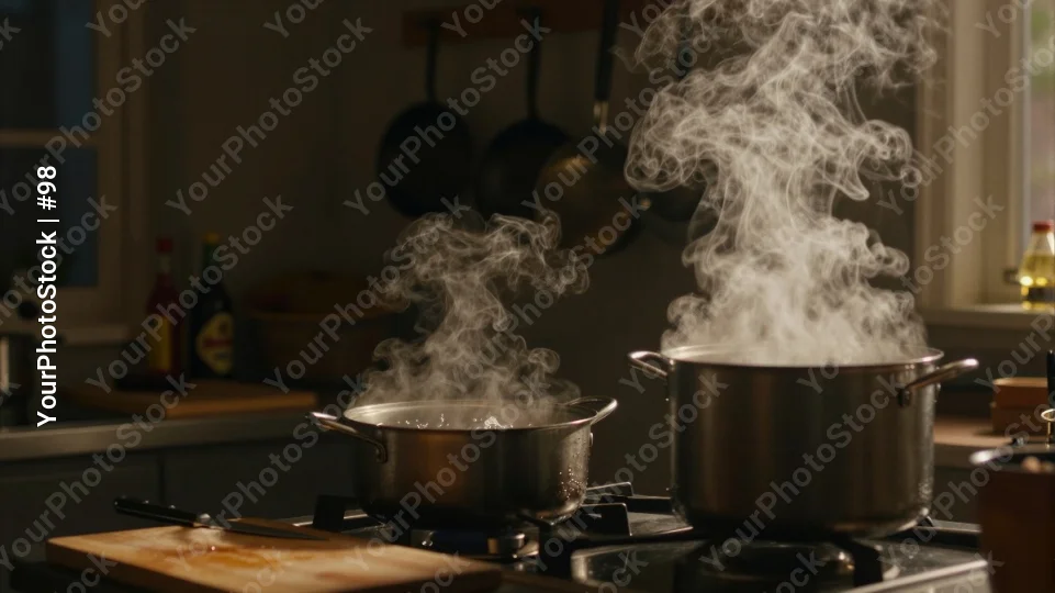 Stainless Steel Pots Cooking on Gas Stove in Kitchen