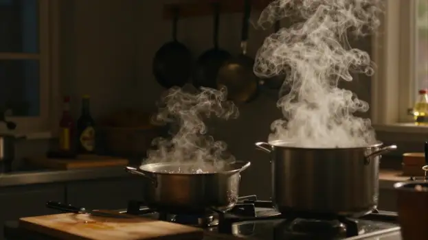 Stainless Steel Pots Cooking on Gas Stove in Kitchen