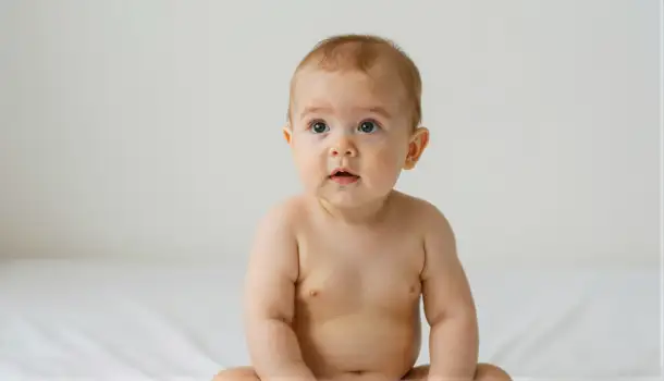 Curious Baby Sitting on White Surface portrait