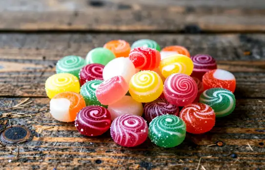 Colorful Candy Display on Wooden Table