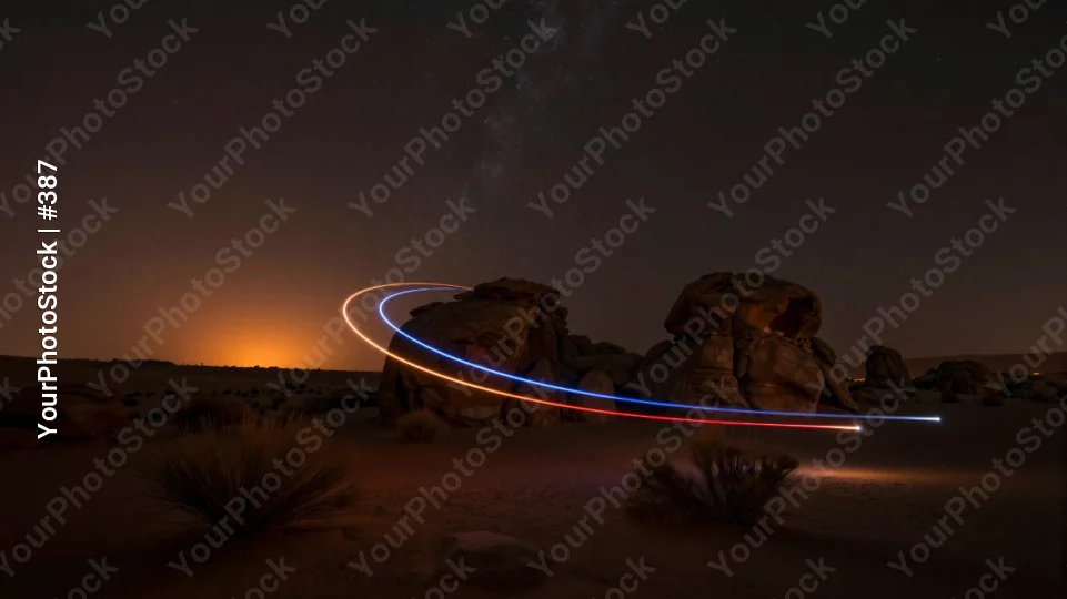 Desert Landscape at Night with Light Trails rock formations