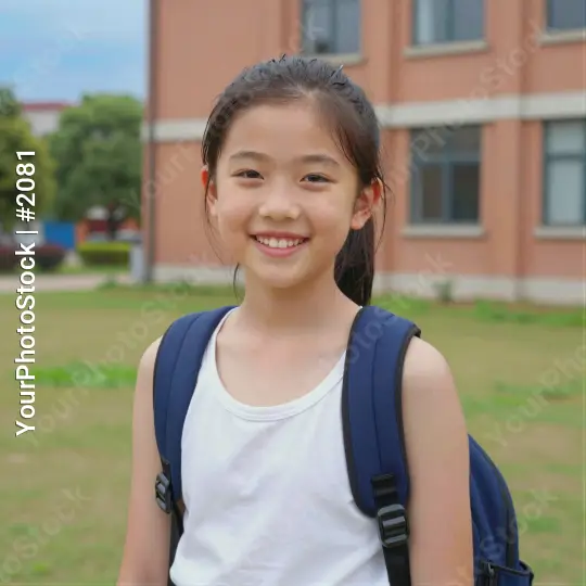 Young Girl Smiling in Front of Pink Building white tank top student