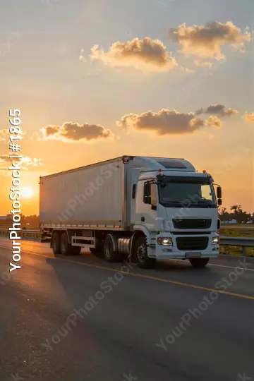 Truck on Road at Sunset trailer empty sky clouds