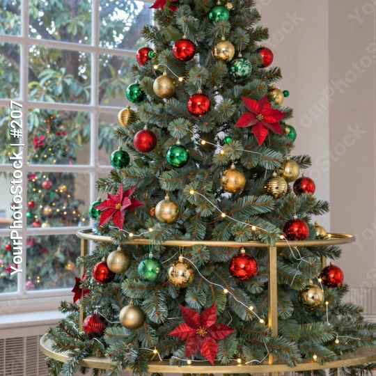 Christmas Tree Decorated with Red and Gold Ornaments