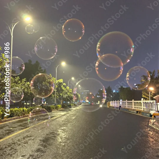 Night Street with Soap Bubbles floating bubbles