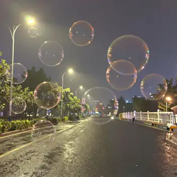 Night Street with Soap Bubbles floating bubbles