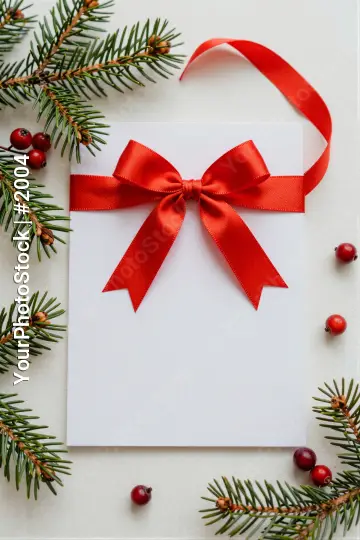 Red Heart Bow Tied Ribbon on White Card with Pine Branch and Berries gift