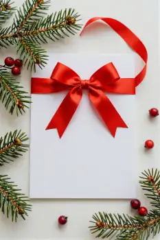 Red Heart Bow Tied Ribbon on White Card with Pine Branch and Berries gift