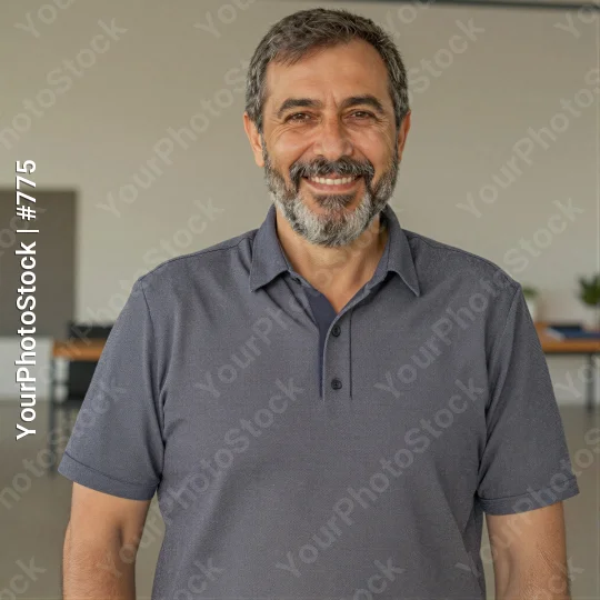Middle-aged man with beard smiling at camera in office