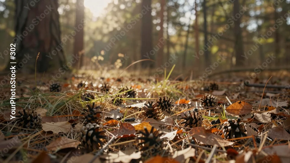 Autumn Forest Floor Covered in Fallen Leaves and Pine Cones