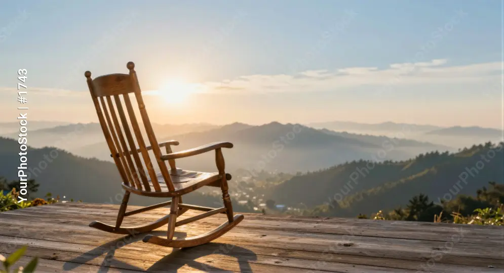 Wooden Rocking Chair on Deck Overlooking Mountains