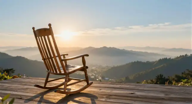 Wooden Rocking Chair on Deck Overlooking Mountains