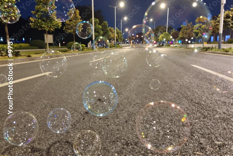 Night Street with Soap Bubbles floating trees
