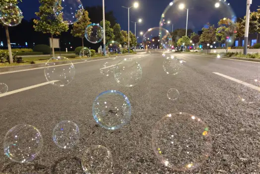 Night Street with Soap Bubbles floating trees