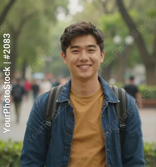 Young Man Smiling in Park blue denim jacket yellow t-shirt student university