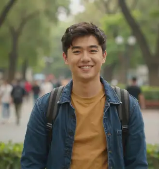 Young Man Smiling in Park blue denim jacket yellow t-shirt student university