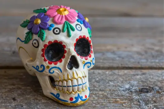 Colorful Ceramic Skull Figurine with Flowers decoration Mexico