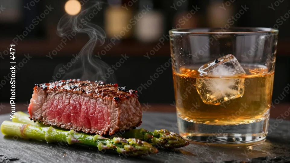 Steak and Whiskey on Slate Plate asparagus garnished