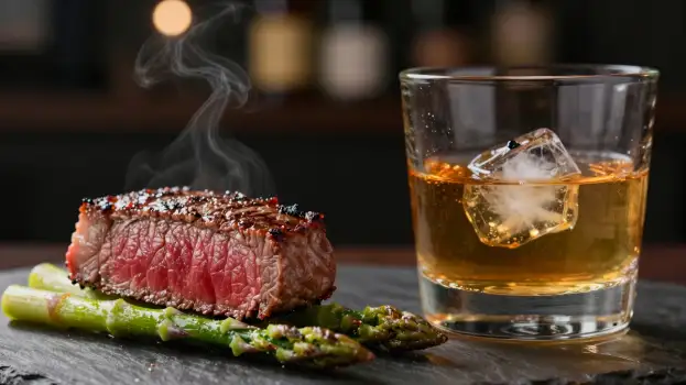 Steak and Whiskey on Slate Plate asparagus garnished