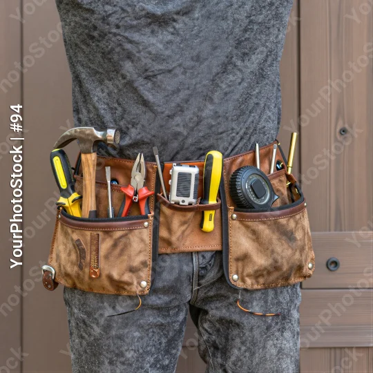 Person with Tool Belt Holding Various Tools construction worker