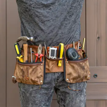 Person with Tool Belt Holding Various Tools construction worker