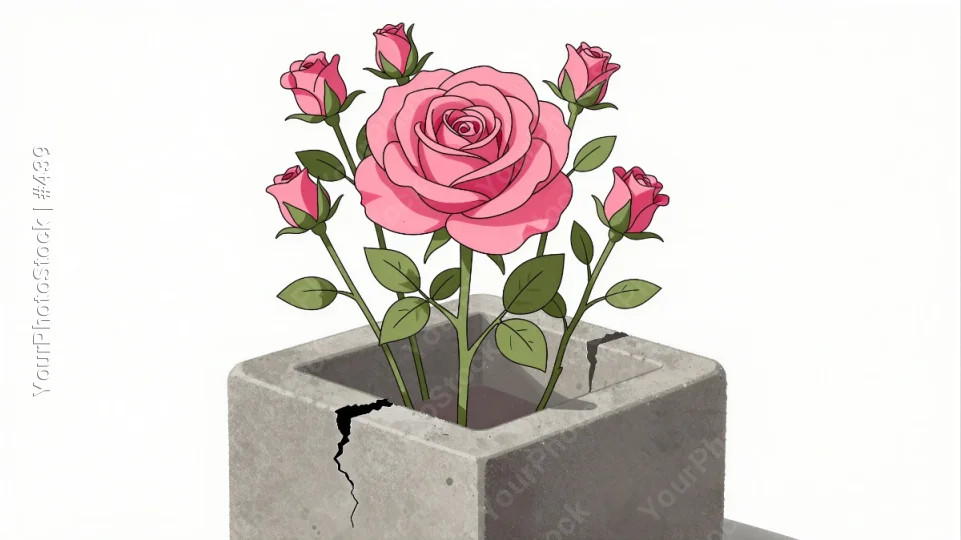 Pink Rose in Pot with Crack full bloom digital illustration