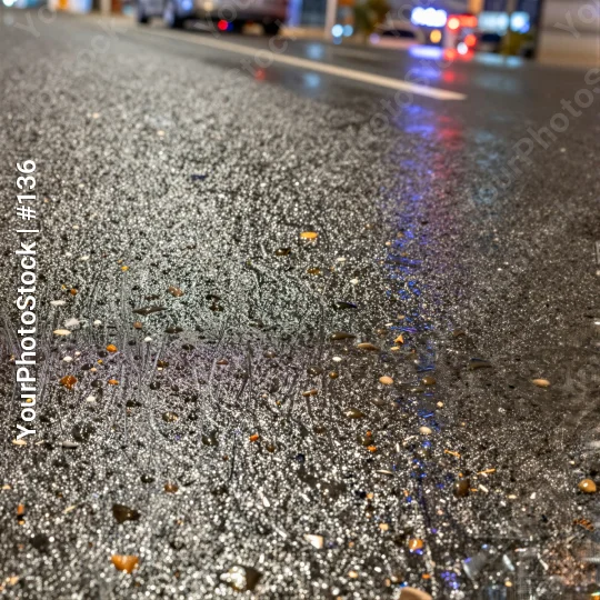Night Wet Road with Rocks and Blue Line pebbles