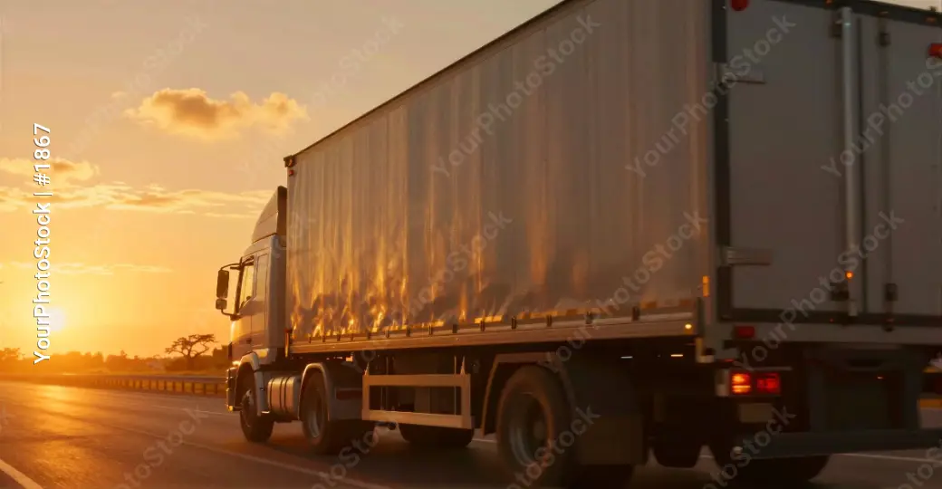 Large white truck with trailer driving on highway at sunset