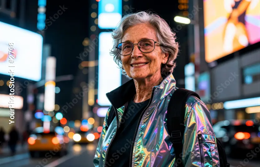 Smiling Older Woman with Glasses in Urban Setting