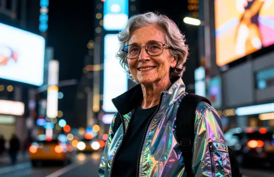 Smiling Older Woman with Glasses in Urban Setting