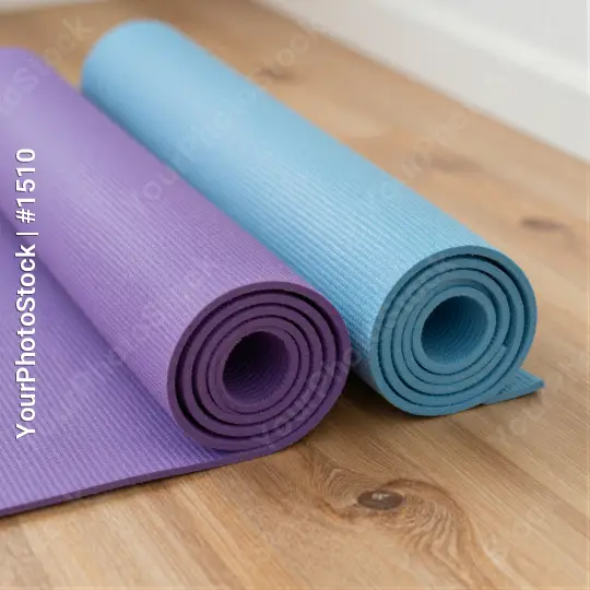 Yoga Mats Rolled Up on Wooden Floor purple light blue