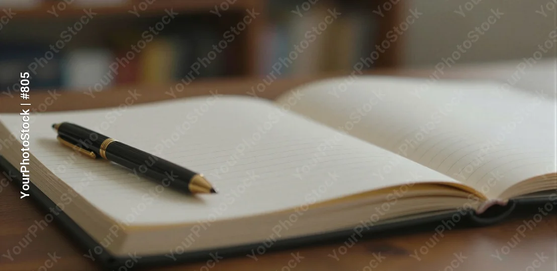 Open Notebook with Black Pen on Wooden Table library