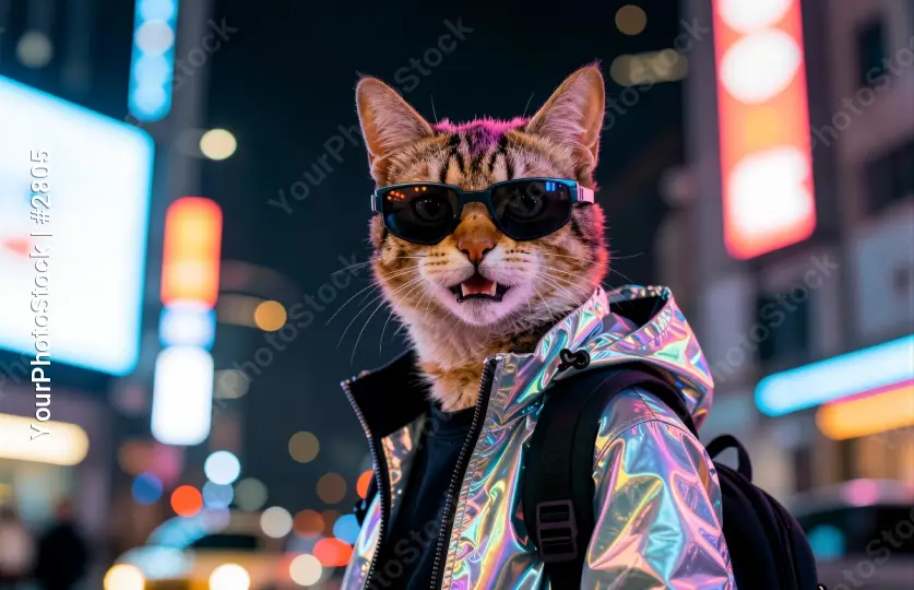 Fashionable Cat with Sunglasses and Backpack at Night cyberpunk