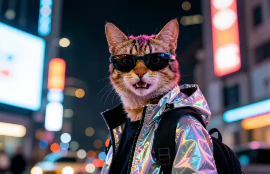 Fashionable Cat with Sunglasses and Backpack at Night cyberpunk