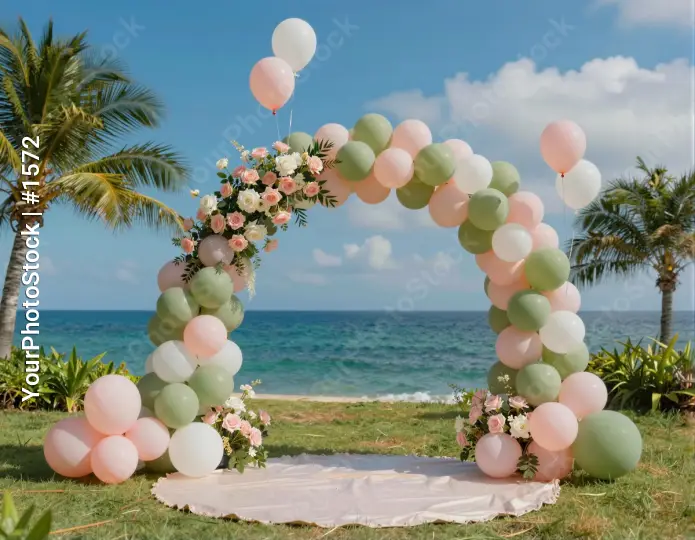 Romantic Arch with Balloons and Flowers on Grass Lawn