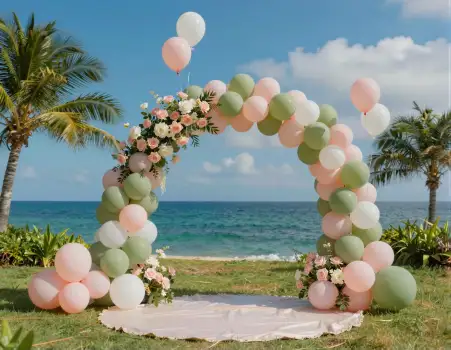 Romantic Arch with Balloons and Flowers on Grass Lawn