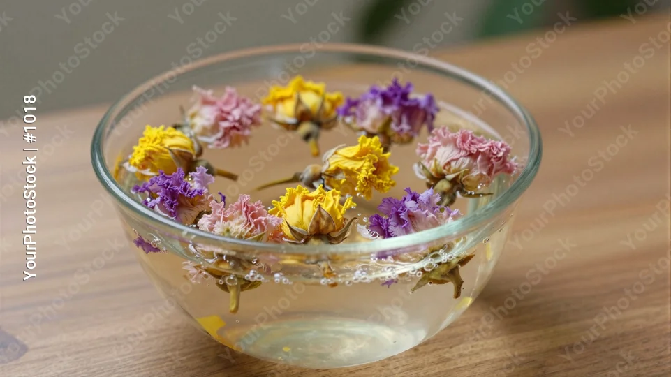 Dried Flowers Floating in Water Bowl on Wood Table