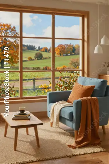 Living Room with Wood Window and Green View wooden window