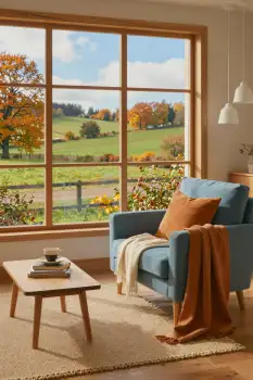 Living Room with Wood Window and Green View wooden window