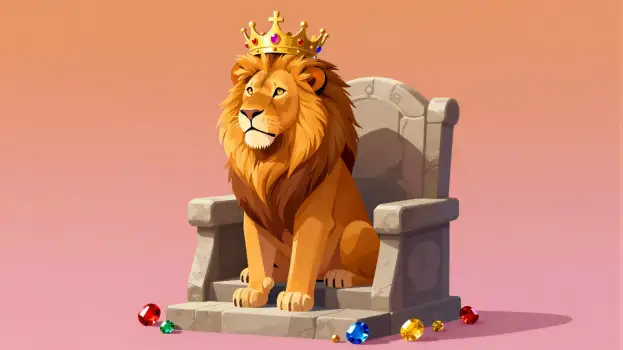Golden Lion Sitting on Throne with Crown digital illustration