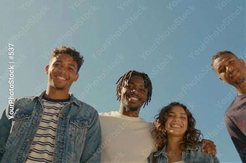 Four Young People Smiling on Beach group photo