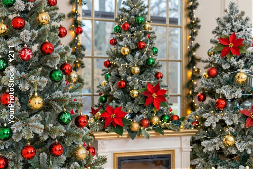 Christmas Decorated Living Room trees ornaments