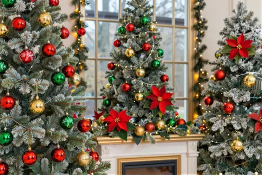 Christmas Decorated Living Room trees ornaments