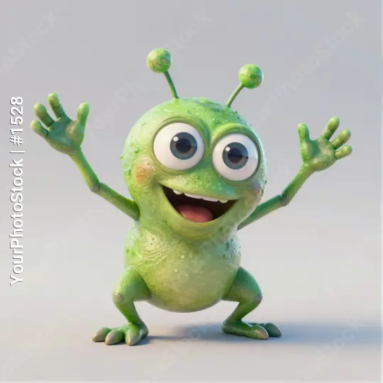 Green Alien Character Smiling and Waving 3d rendering