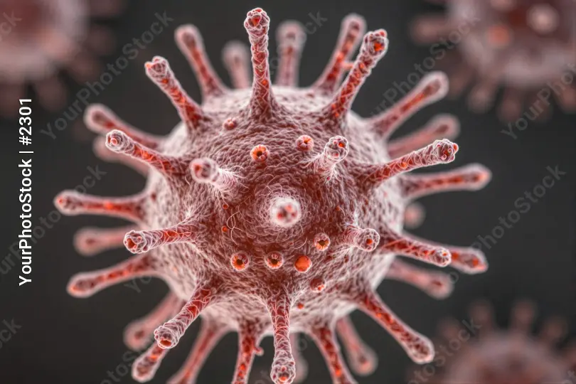Microscopic View of Spherical Virus with Red Spikes