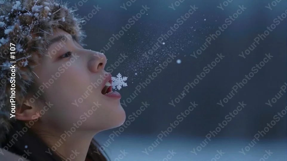 Young Woman Blowing Snowflakes in Snowy Landscape
