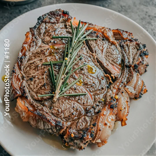 Steak Medium Rare with Rosemary on White Plate