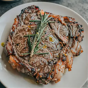 Steak Medium Rare with Rosemary on White Plate